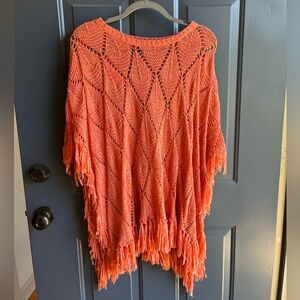 Coral Knit Poncho with Fringe